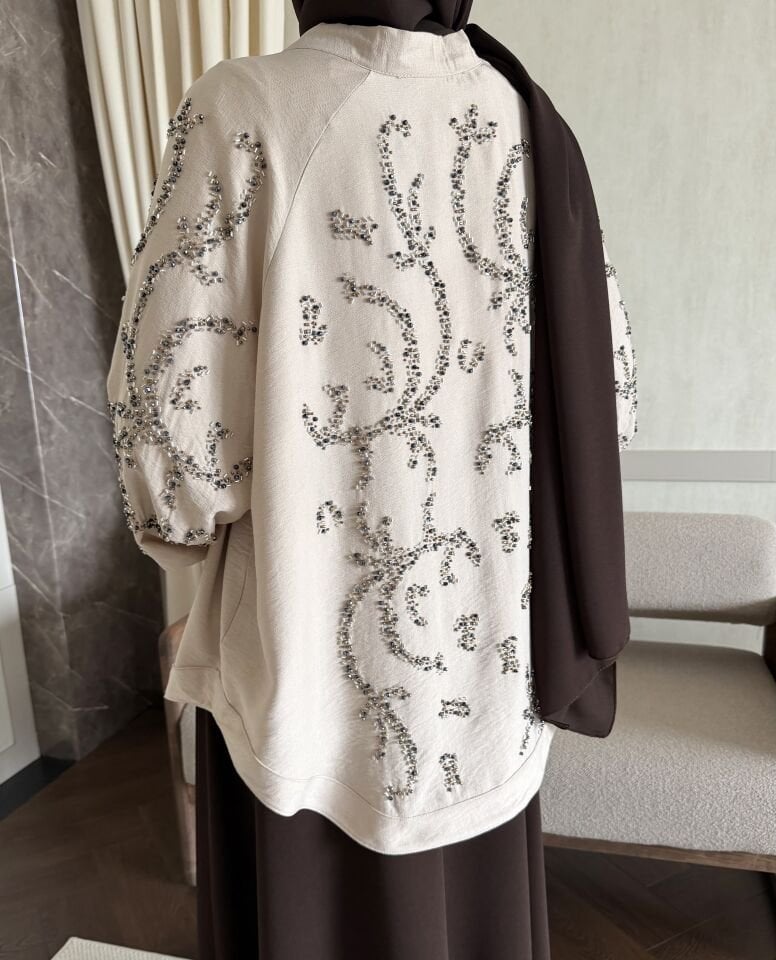 İşlemeli Keten Kimono