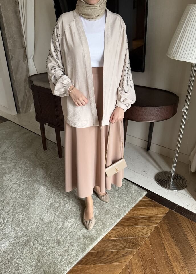 İşlemeli Keten Kimono