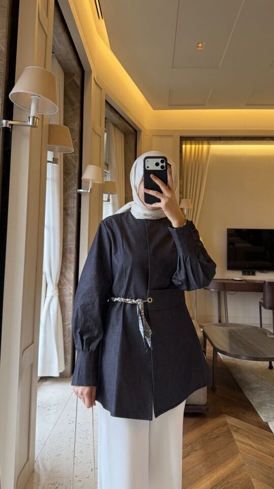 Fular Kemer Detaylı Gabardin Ceket (Lacivert)