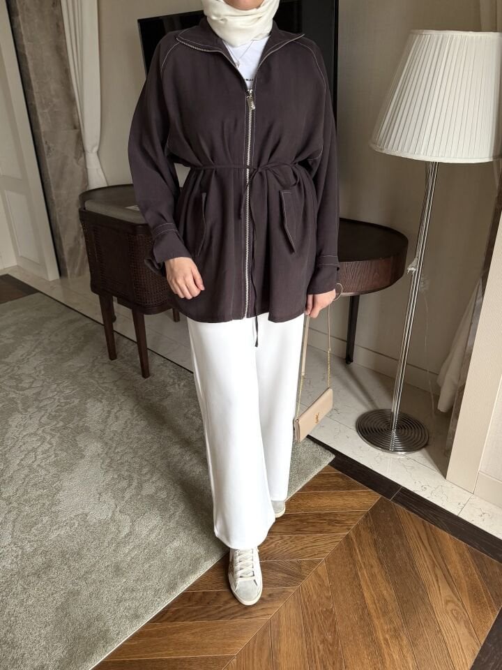 Apolet Detaylı Fermuarlı Ceket (Acı Kahve)