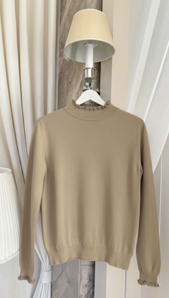 Kol ve Boyun Detaylı Kazak (Sütlü Kahve)