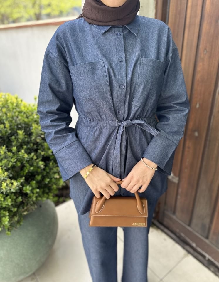 Belden Büzgülü Tensel Denim Takım