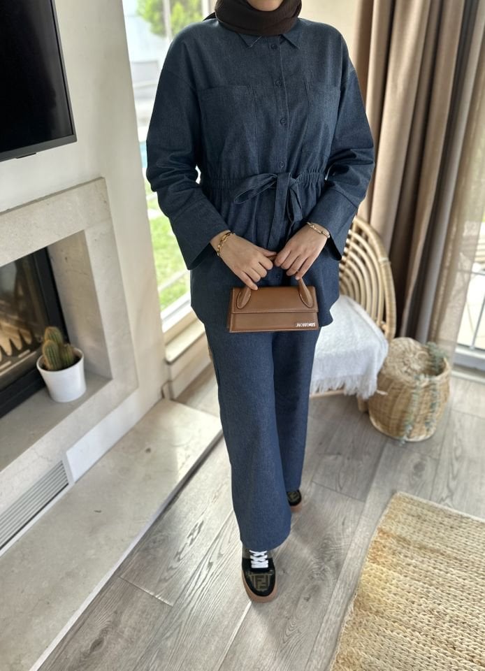 Belden Büzgülü Tensel Denim Takım