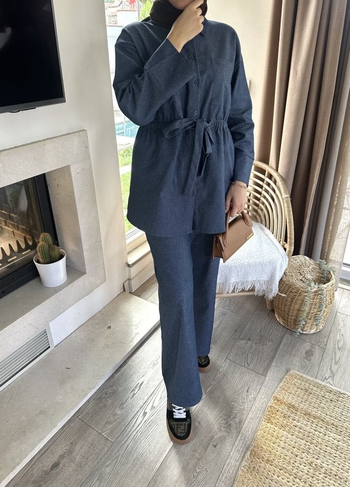 Belden Büzgülü Tensel Denim Takım