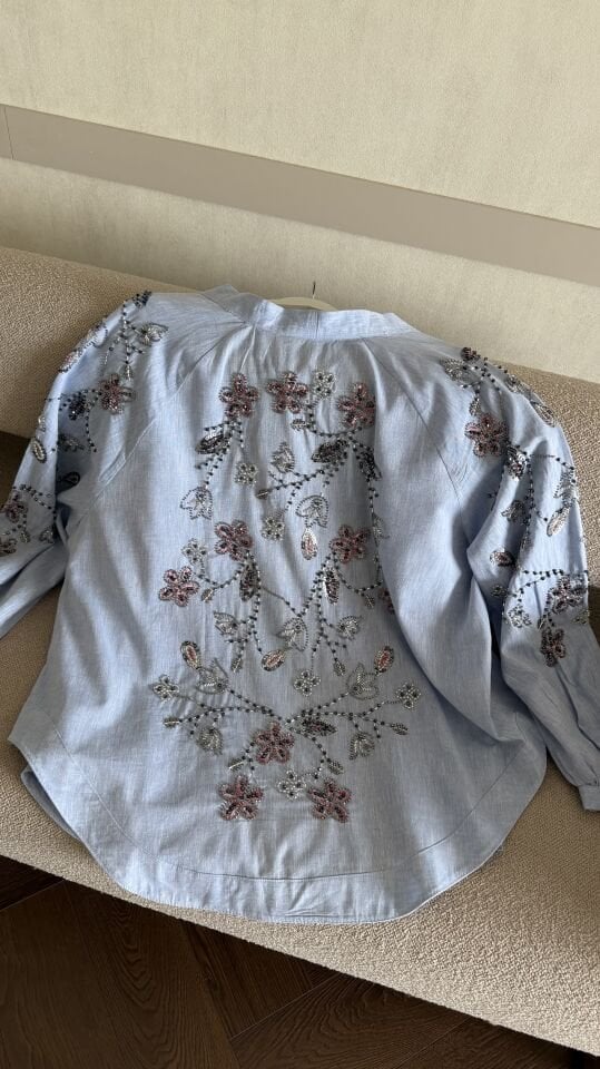 İşlemeli Keten Kimono (Mavi)