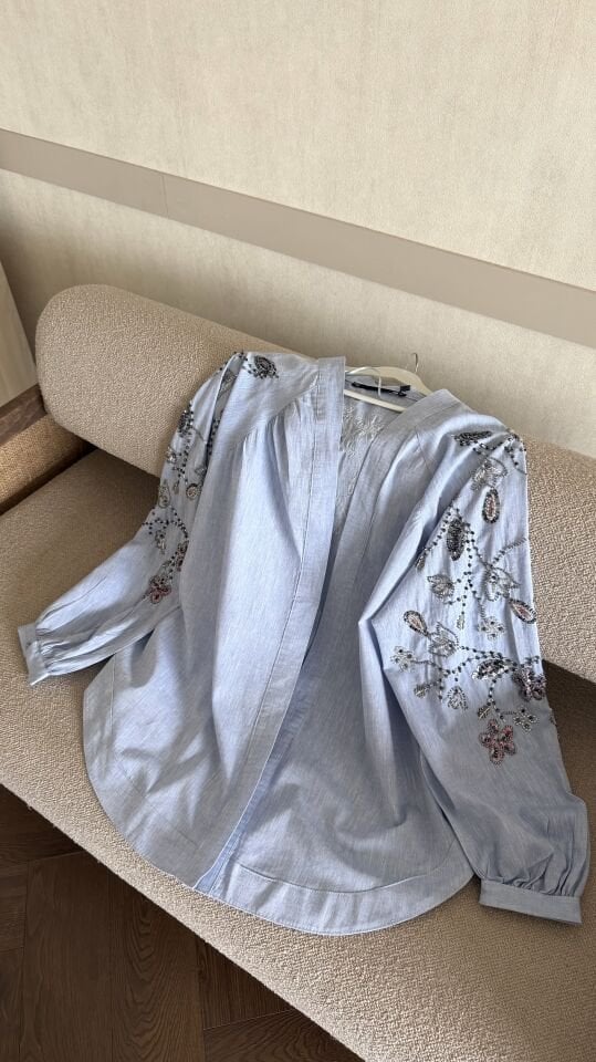 İşlemeli Keten Kimono (Mavi)