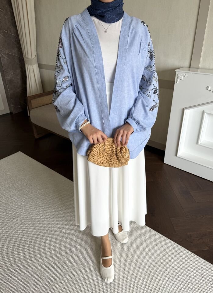 İşlemeli Keten Kimono (Mavi)