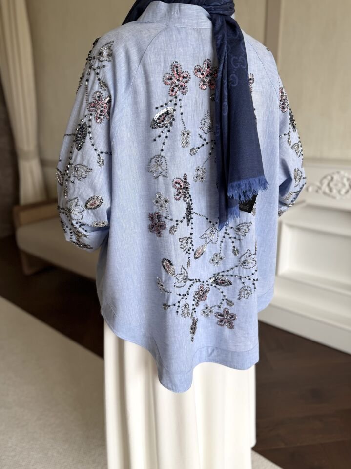 İşlemeli Keten Kimono (Mavi)