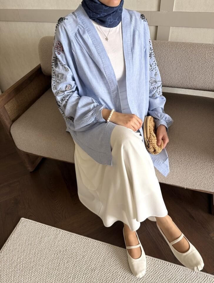İşlemeli Keten Kimono (Mavi)