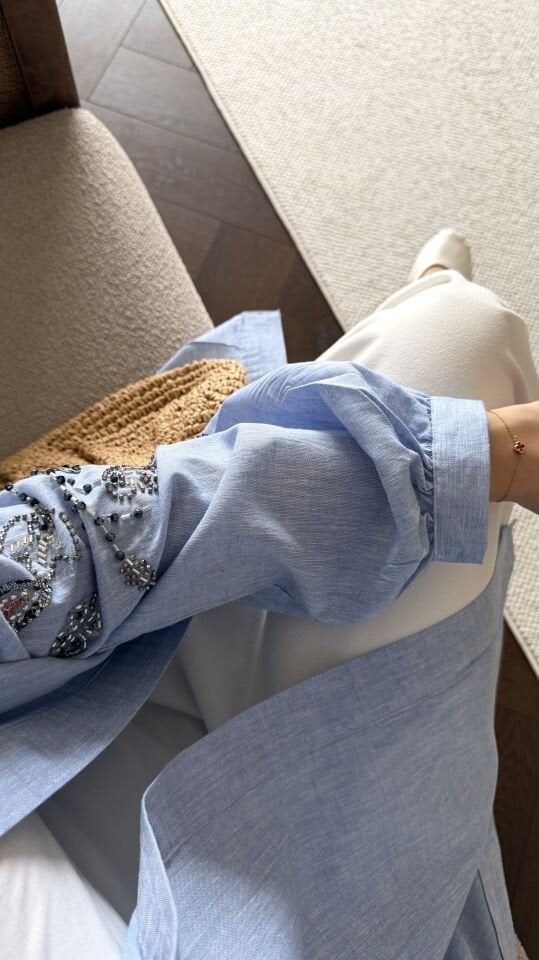 İşlemeli Keten Kimono (Mavi)
