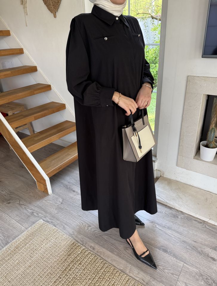 Latifa Omzu Vatkalı Elbise (Siyah)