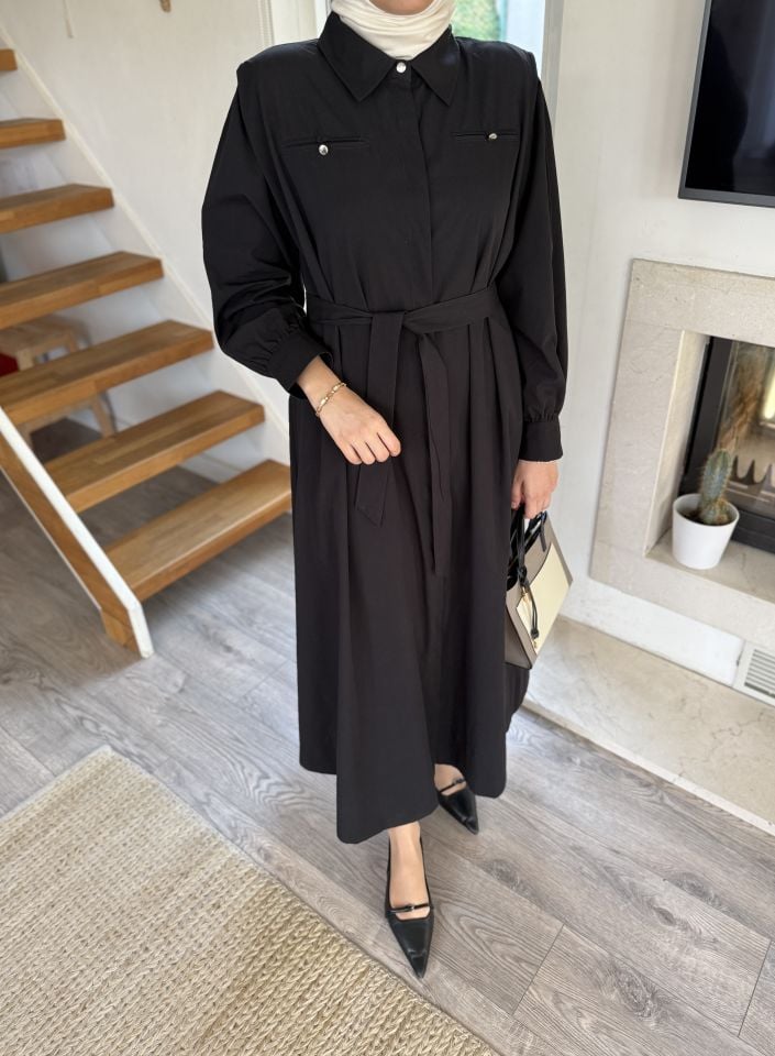 Latifa Omzu Vatkalı Elbise (Siyah)