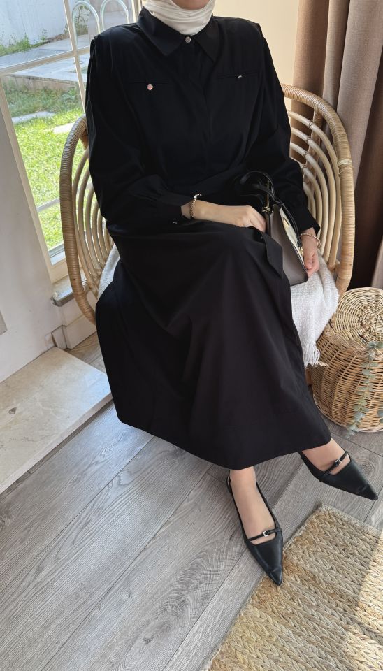 Latifa Omzu Vatkalı Elbise (Siyah)