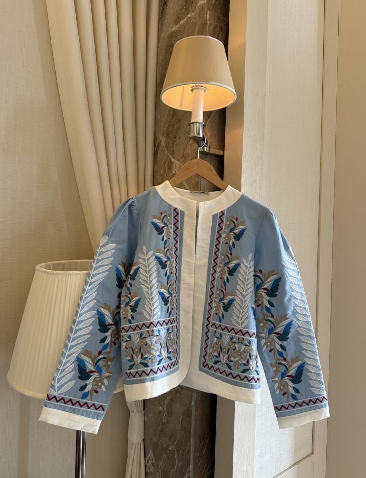 Yazlık Nakışlı Keten Ceket (Mavi Tonlar)