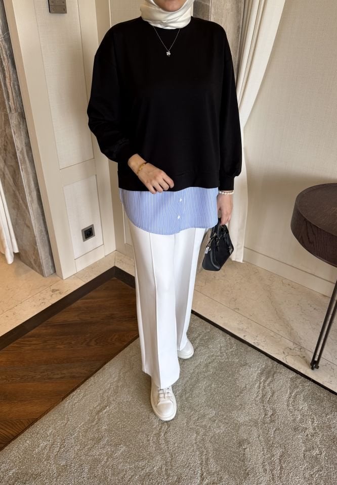 Gömlek Garnili İki İplik Sweatshirt (Siyah)