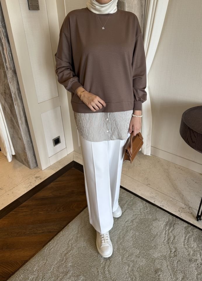 Gömlek Garnili İki İplik Sweatshirt (Kahve)