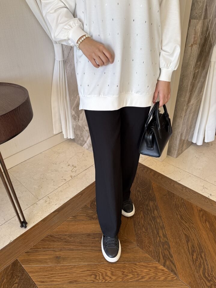 Keten Karışımlı Bol Paça Pantolon (Siyah)