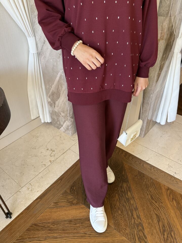 Keten Karışımlı Bol Paça Pantolon (Bordo)