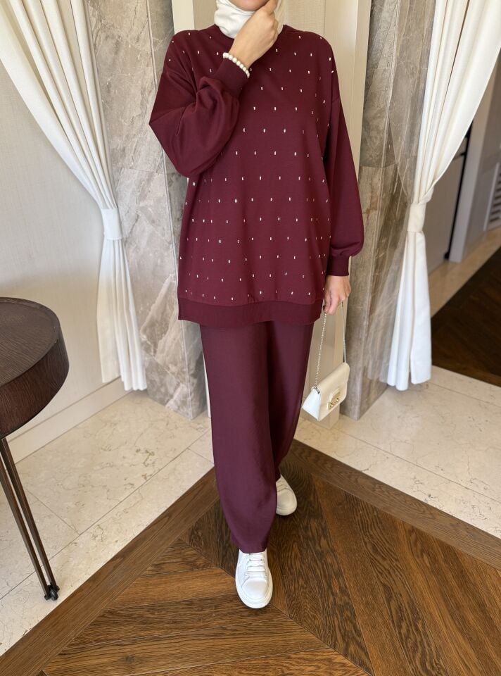 Keten Karışımlı Bol Paça Pantolon (Bordo)