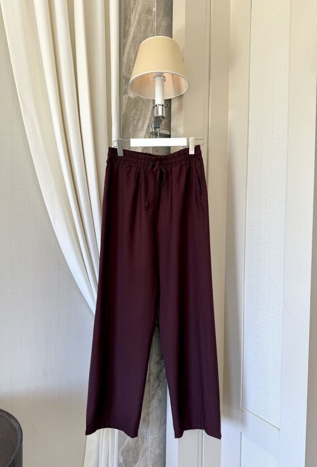 Keten Karışımlı Bol Paça Pantolon (Bordo)