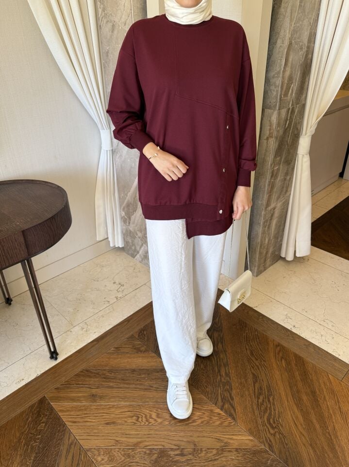 Asimetrik Çıt Çıt Detaylı Sweatshirt (Bordo)