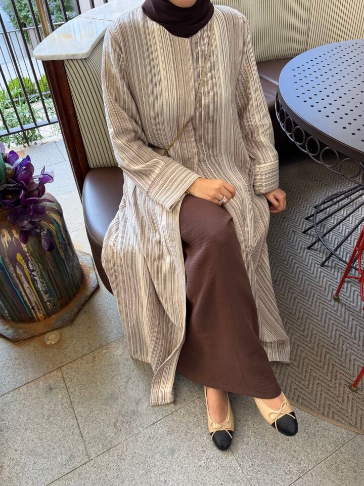 Hilla İkili Müslin Abaya Takım (Kahve Tonlar)