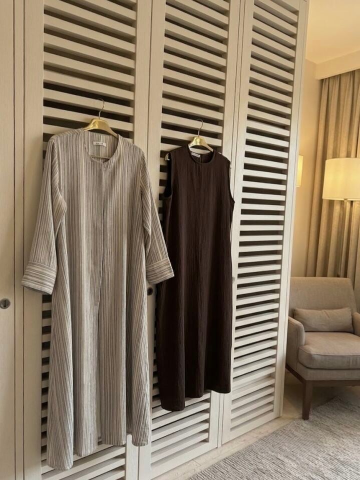 Hilla İkili Müslin Abaya Takım (Kahve Tonlar)