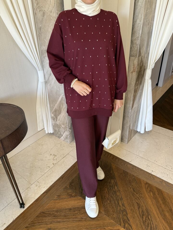 Serpme Taş Detaylı Sweatshirt (Bordo)