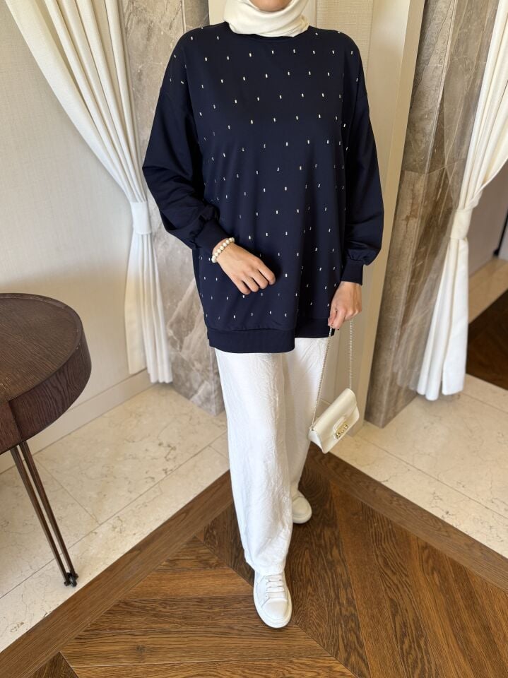 Serpme Taş Detaylı Sweatshirt (Lacivert)