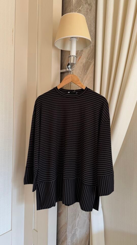 Relax Çizgili Modal Sweatshirt (Siyah)