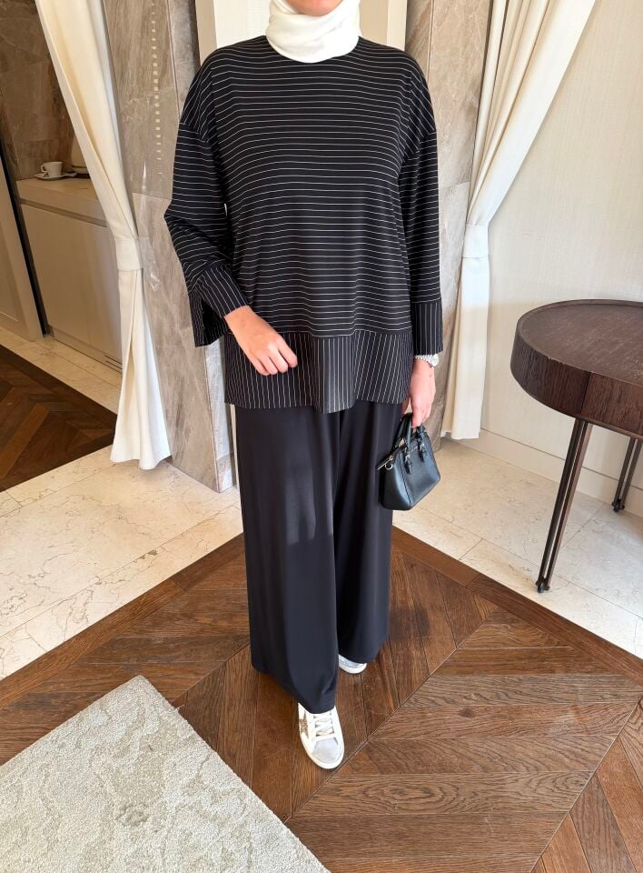 Relax Çizgili Modal Sweatshirt (Siyah)