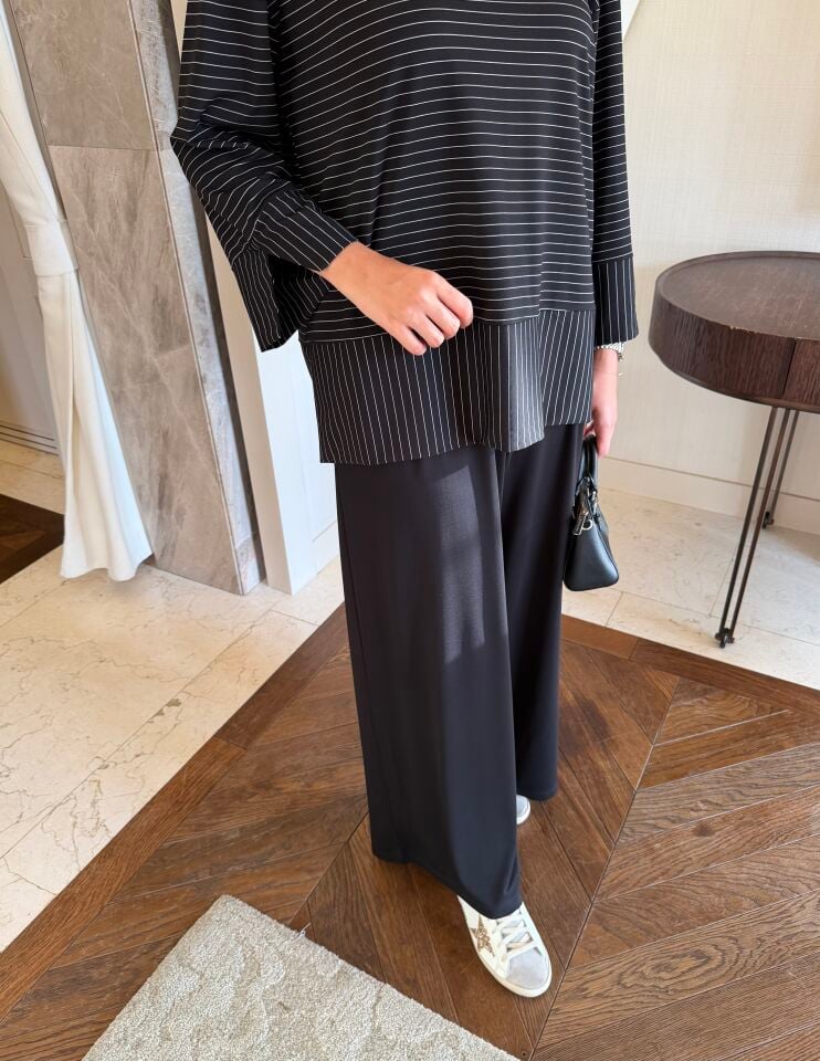 Relax Çizgili Modal Sweatshirt (Siyah)