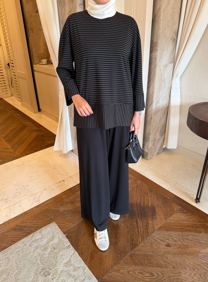 Relax Çizgili Modal Sweatshirt (Siyah)