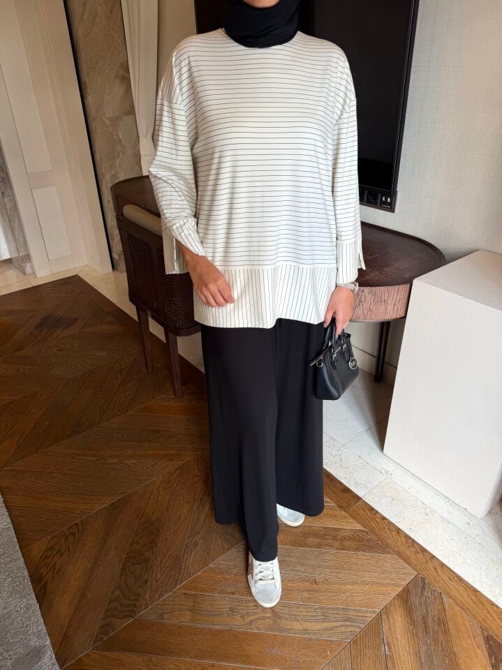 Relax Çizgili Modal Sweatshirt (Açık Renk)