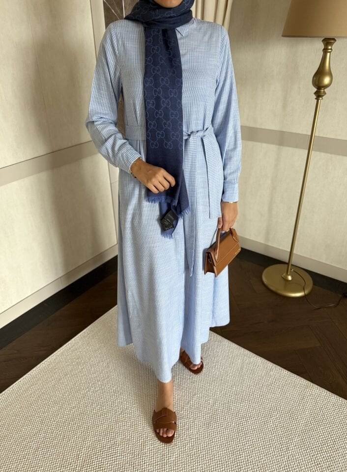 Çizgili Gömlek Elbise (Mavi)