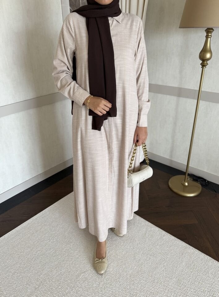 Çizgili Gömlek Elbise (Bej)