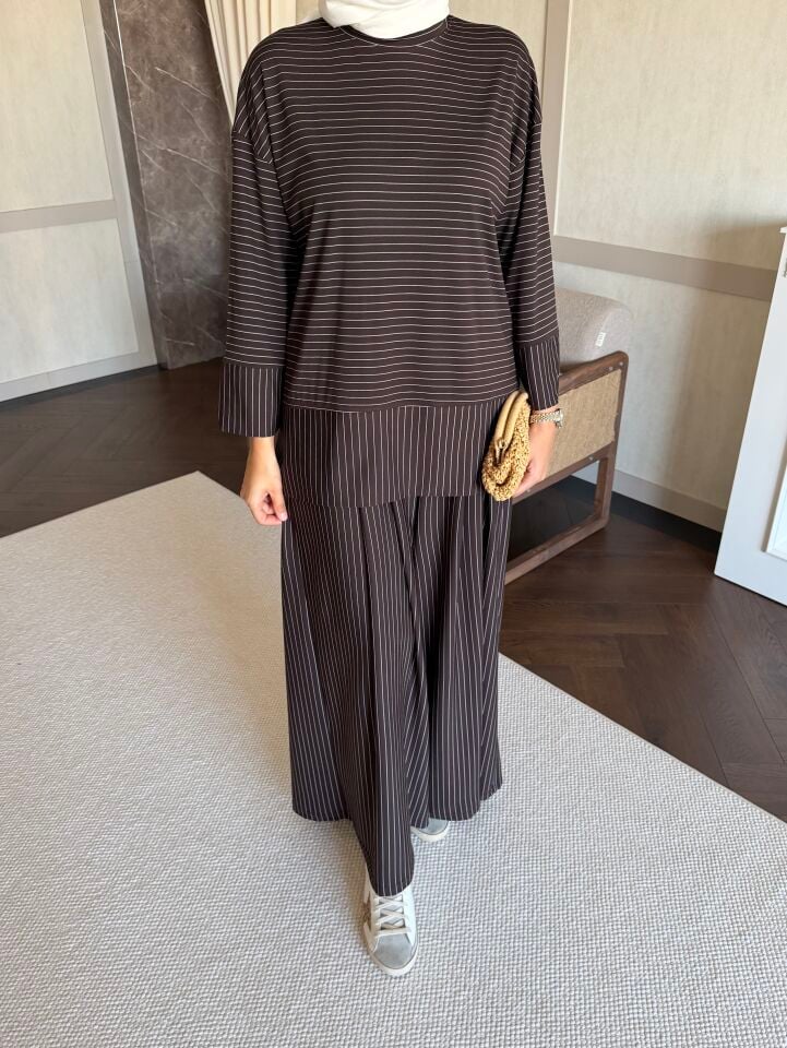 Relax Çizgili Modal Sweatshirt (Kahve)
