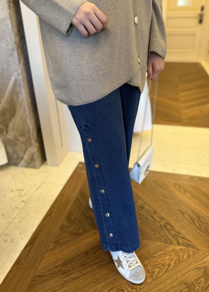 Çıt Çıtlı Kot Bol Paça Pantolon (Mavi)