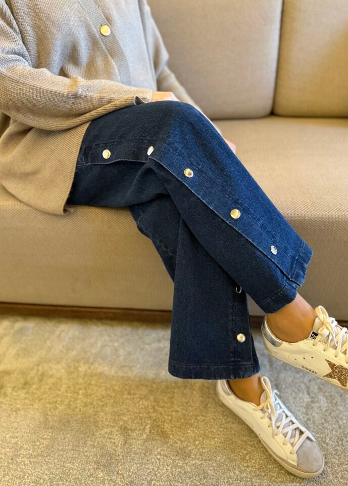 Çıt Çıtlı Kot Bol Paça Pantolon (Mavi)