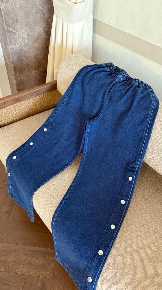Çıt Çıtlı Kot Bol Paça Pantolon (Mavi)