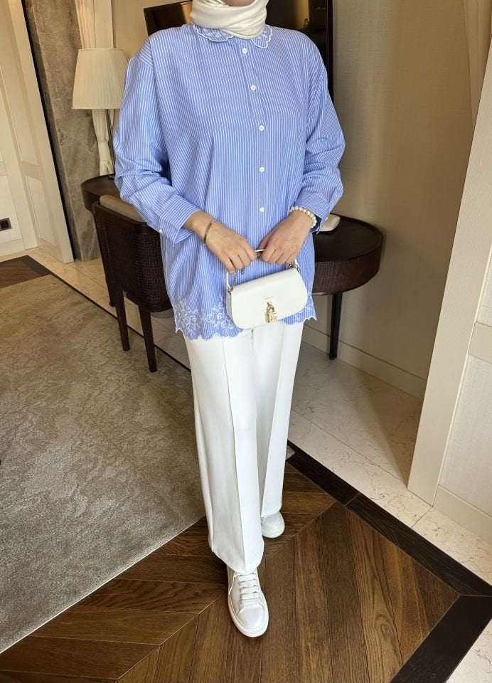 Dikiş İzli Scuba Bol Paça Pantolon (Beyaz)