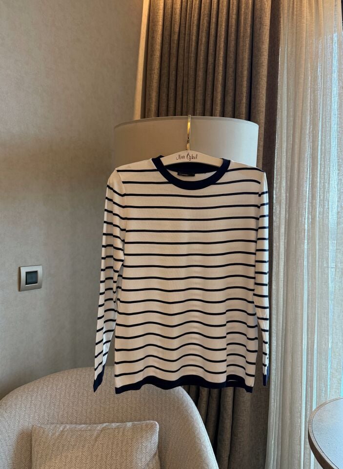 Lacivert Beyaz Çizgili Merserize Kazak