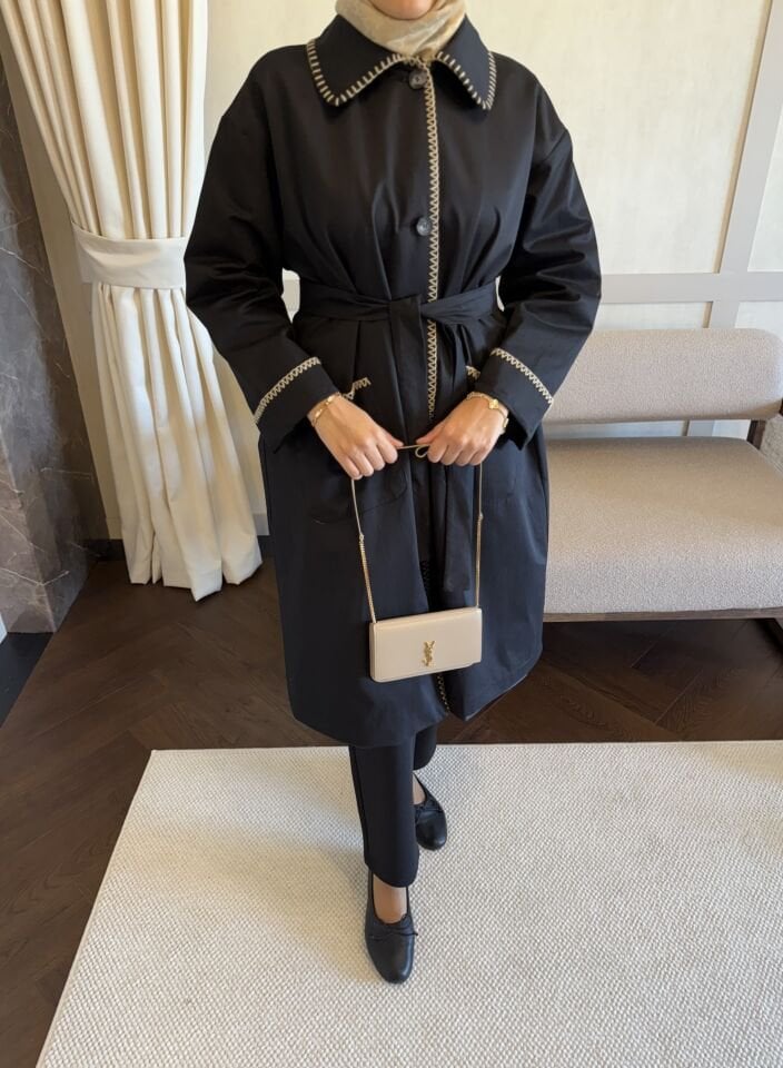 Çoban Dikişli Trençkot (Siyah)