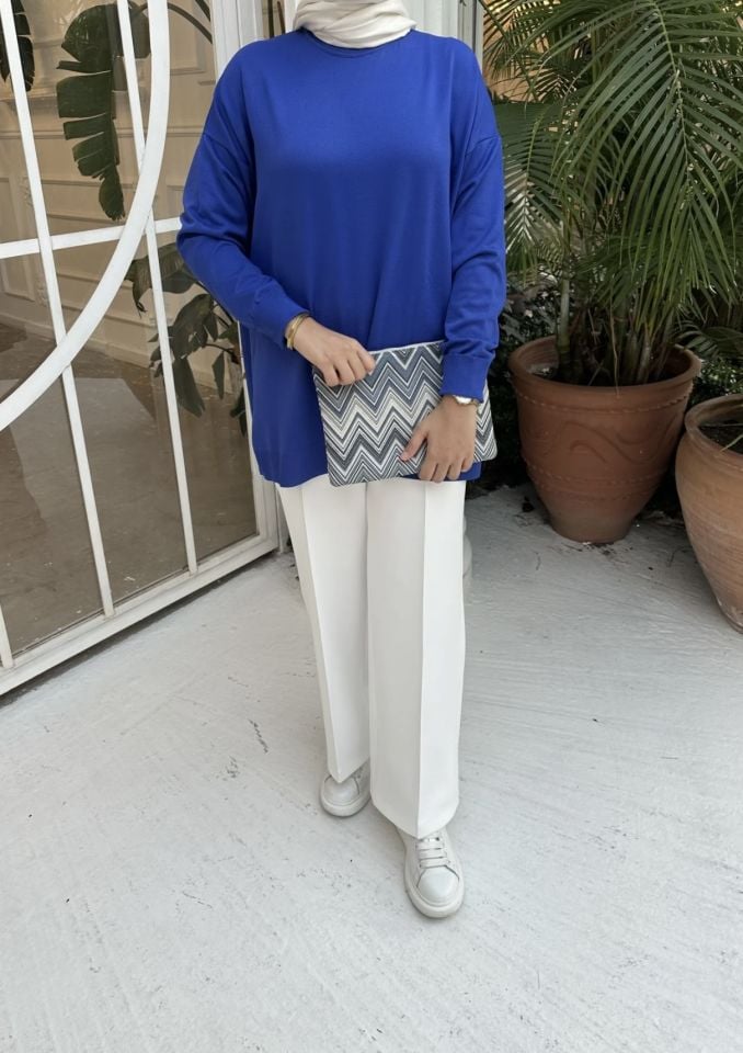 Kolları Katlamalı Merserize Tunik (Saks Mavisi)