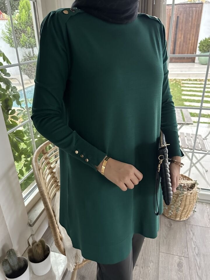 Omzu Patlı Merserize Tunik (Zümrüt Yeşili)