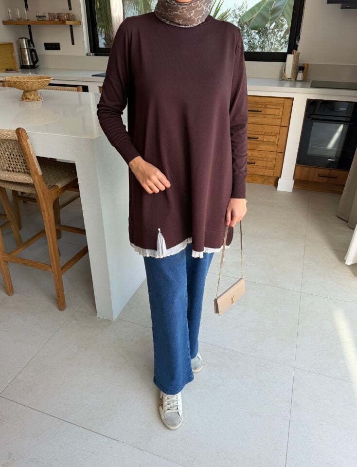 Etek Ucu Dantelli Merserize Tunik (Kahve)