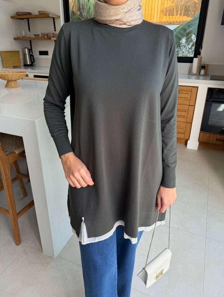 Etek Ucu Dantelli Merserize Tunik (Haki)