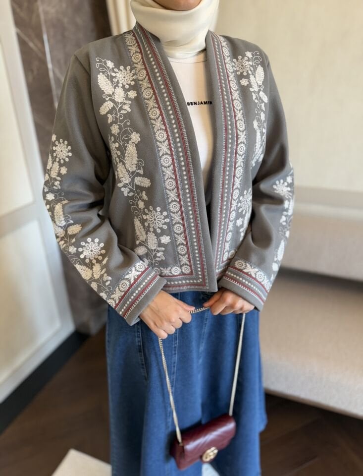 İşlemeli Kaşe Ceket (Gri Tonlar)