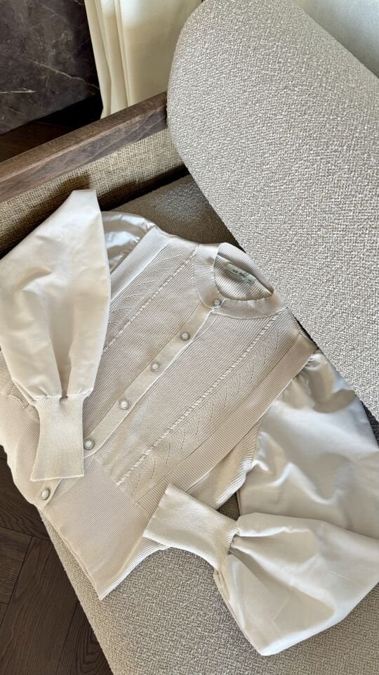 Kolları Poplin Detaylı Bali Hırka (Bej)