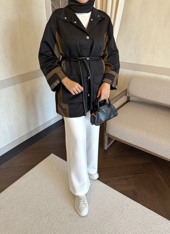 Garnili Deri Kuşaklı Trenç (Siyah)